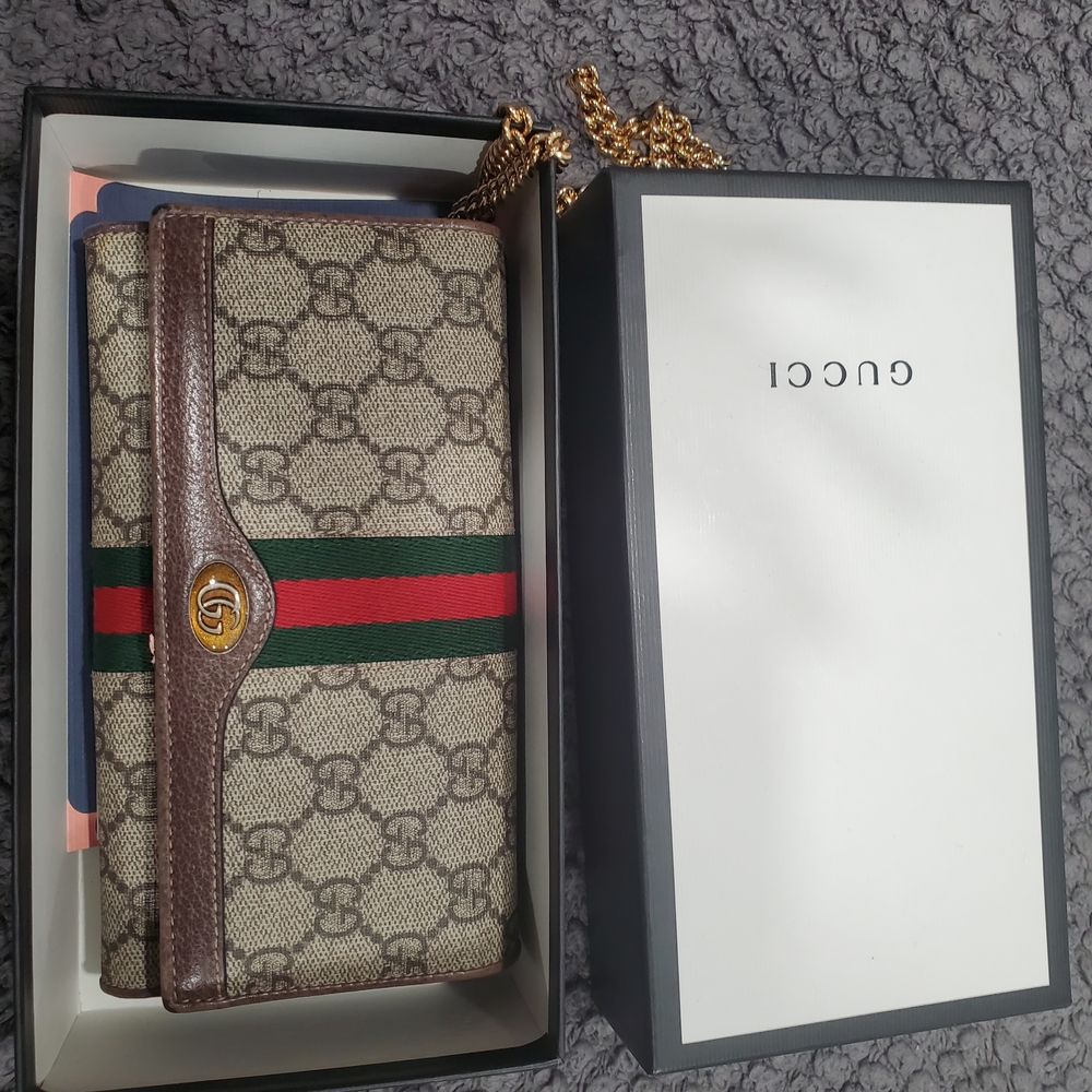 Authentic Gucci Beige Ophidia and Brown Wallet  with Gold Chain